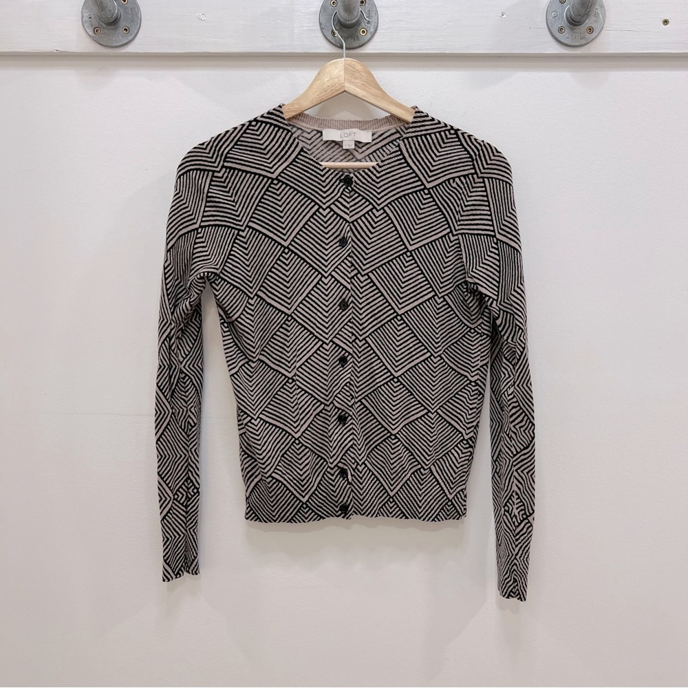 Ann Taylor Loft Geometric cardigan sweater in soft black and white